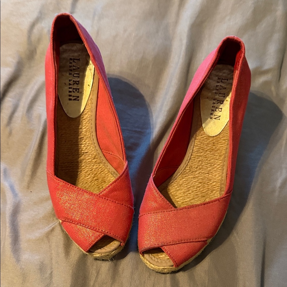 LAUREN Ralph Lauren Coral Canvas Peep-Toe Espadrille Wedges